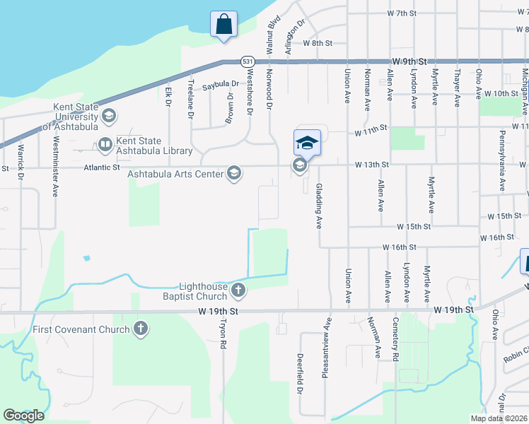 map of restaurants, bars, coffee shops, grocery stores, and more near 1412 Eleanor Drive in Ashtabula