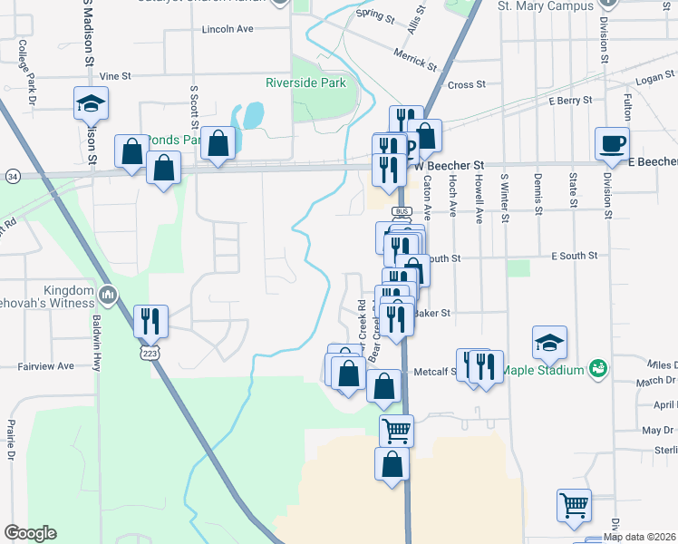 map of restaurants, bars, coffee shops, grocery stores, and more near Cedar Creek Road in Adrian