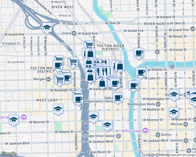 map of restaurants, bars, coffee shops, grocery stores, and more near 200 North Jefferson Street in Chicago