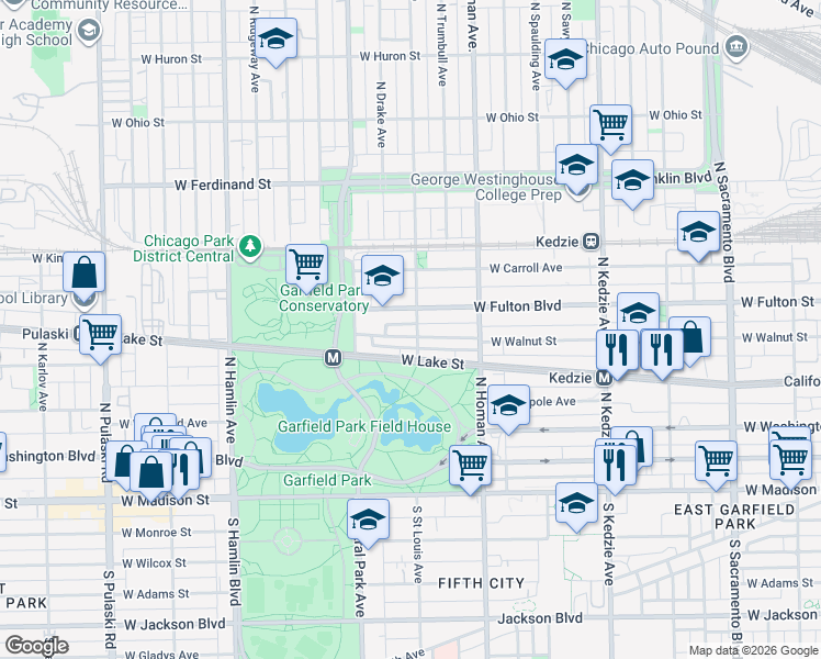 map of restaurants, bars, coffee shops, grocery stores, and more near 3509 West Fulton Boulevard in Chicago