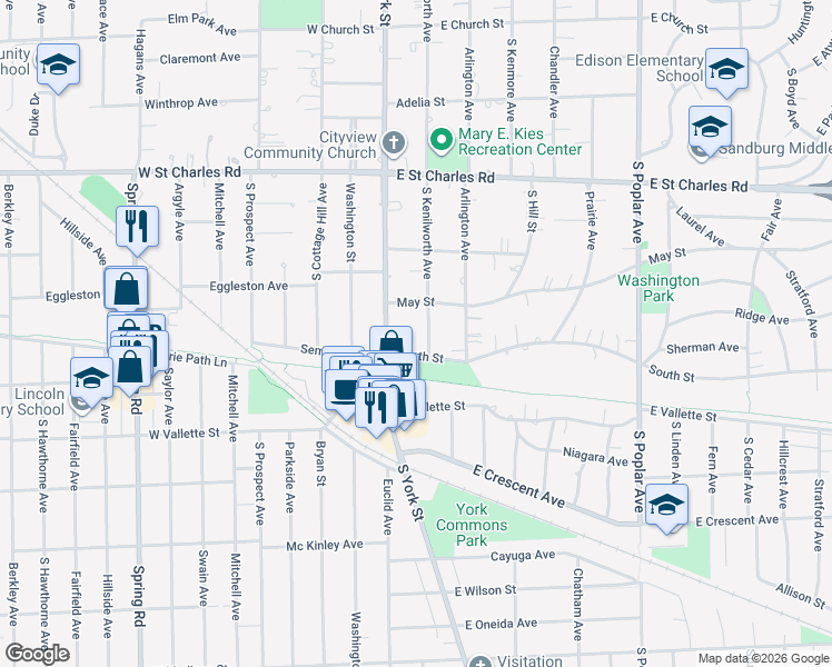 map of restaurants, bars, coffee shops, grocery stores, and more near 476 South Kenilworth Avenue in Elmhurst