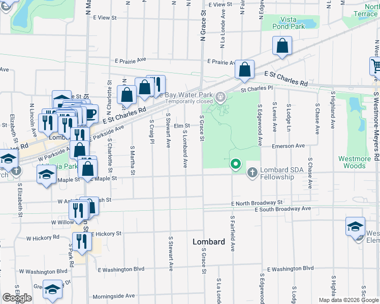map of restaurants, bars, coffee shops, grocery stores, and more near 153 South Lombard Avenue in Lombard