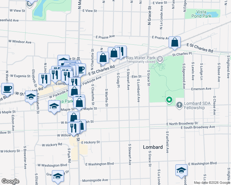 map of restaurants, bars, coffee shops, grocery stores, and more near 151 South Craig Place in Lombard