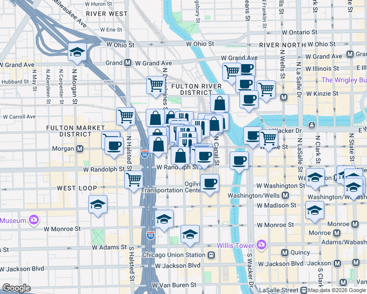 map of restaurants, bars, coffee shops, grocery stores, and more near 600 West Lake Street in Chicago