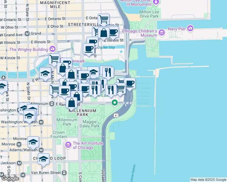 map of restaurants, bars, coffee shops, grocery stores, and more near 192 North Harbor Drive in Chicago