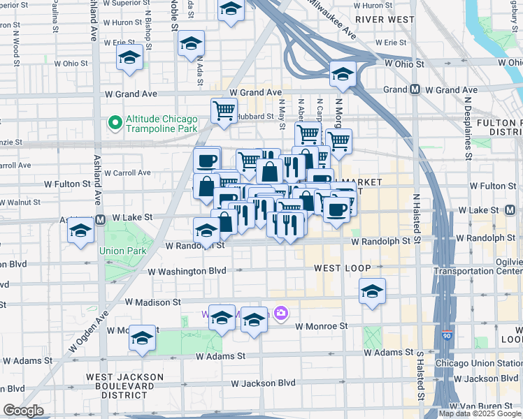 map of restaurants, bars, coffee shops, grocery stores, and more near 210 North Racine Avenue in Chicago