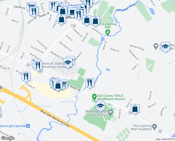 map of restaurants, bars, coffee shops, grocery stores, and more near 115 Mayflower Avenue in Middleborough