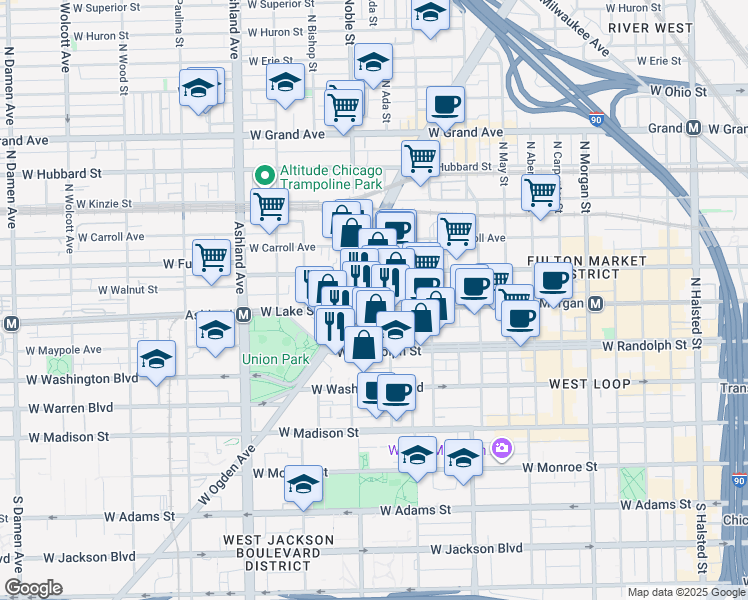 map of restaurants, bars, coffee shops, grocery stores, and more near 1370 West Lake Street in Chicago