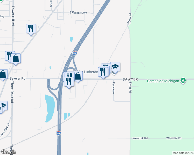 map of restaurants, bars, coffee shops, grocery stores, and more near 5923 Sawyer Road in Sawyer