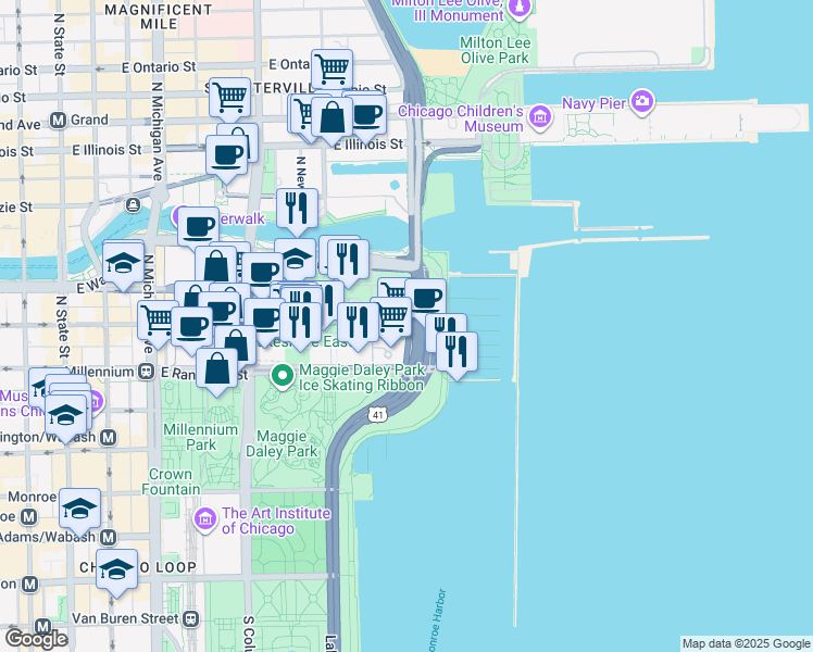 map of restaurants, bars, coffee shops, grocery stores, and more near 195 North Harbor Service Drive in Chicago