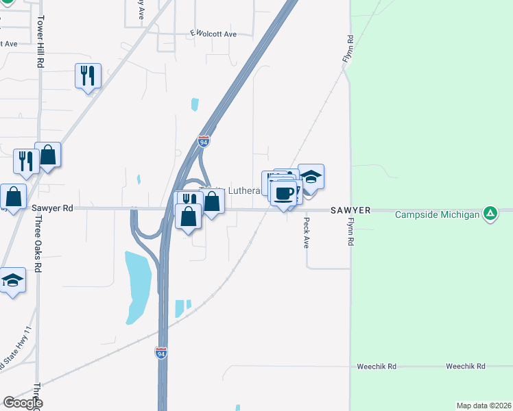 map of restaurants, bars, coffee shops, grocery stores, and more near 5923 Sawyer Road in Sawyer