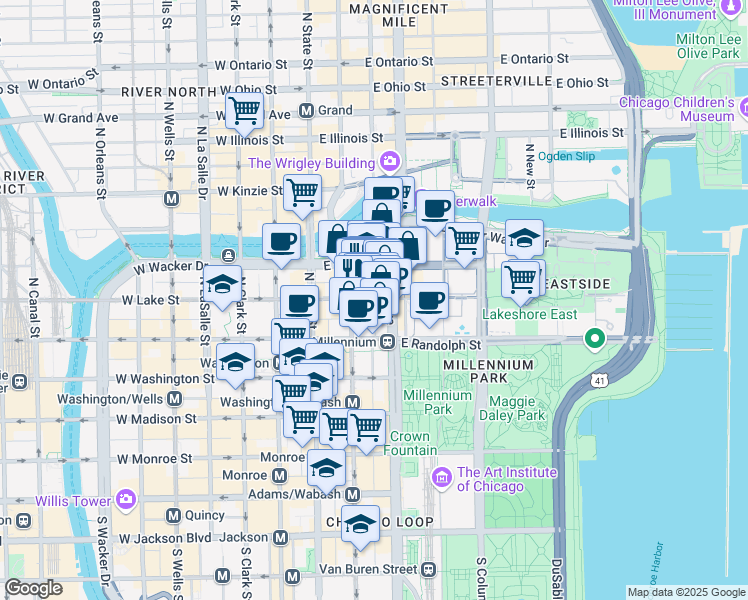map of restaurants, bars, coffee shops, grocery stores, and more near 201 North Garland Court in Chicago
