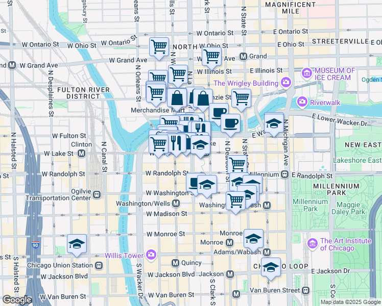 map of restaurants, bars, coffee shops, grocery stores, and more near 200 North LaSalle Street in Chicago