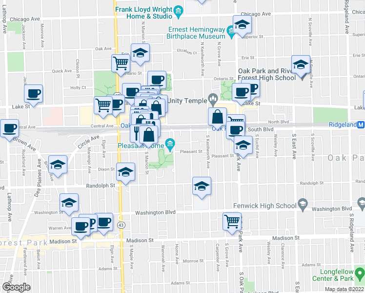 map of restaurants, bars, coffee shops, grocery stores, and more near 118 Home Avenue in Oak Park