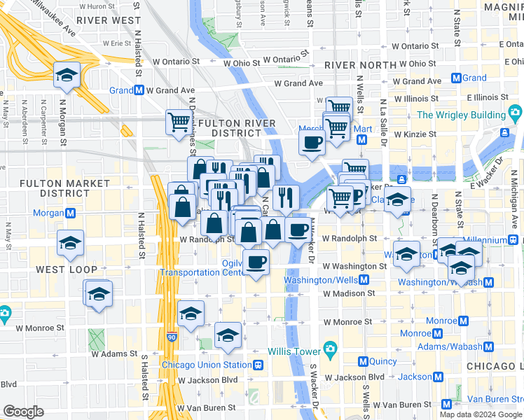 map of restaurants, bars, coffee shops, grocery stores, and more near 208 North Milwaukee Avenue in Chicago