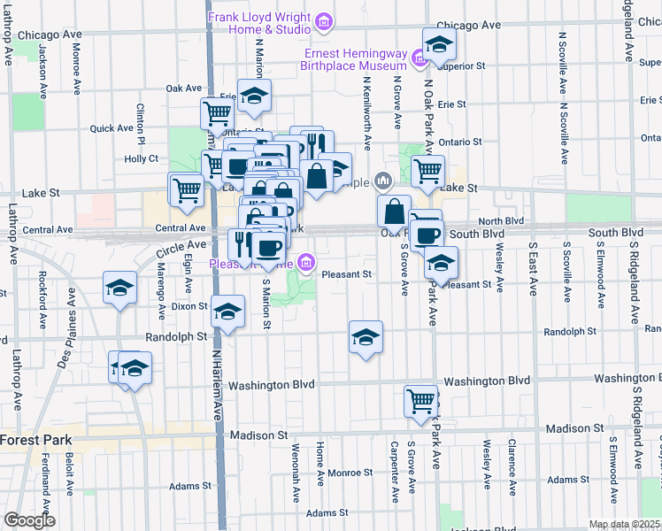 map of restaurants, bars, coffee shops, grocery stores, and more near 940 Pleasant Street in Oak Park
