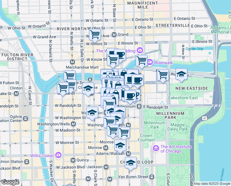 map of restaurants, bars, coffee shops, grocery stores, and more near 1 East Wacker Drive in Chicago