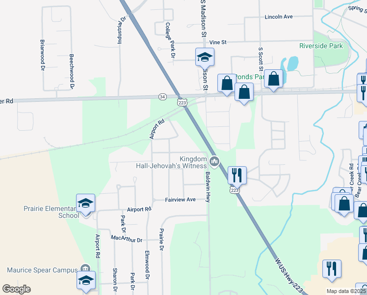 map of restaurants, bars, coffee shops, grocery stores, and more near 2260 Tayer Road in Adrian