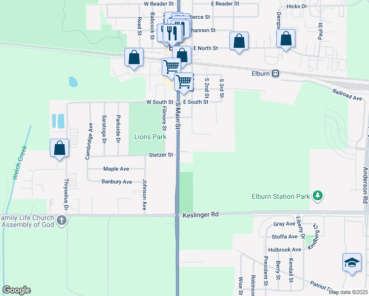 map of restaurants, bars, coffee shops, grocery stores, and more near 559 South Main Street in Elburn