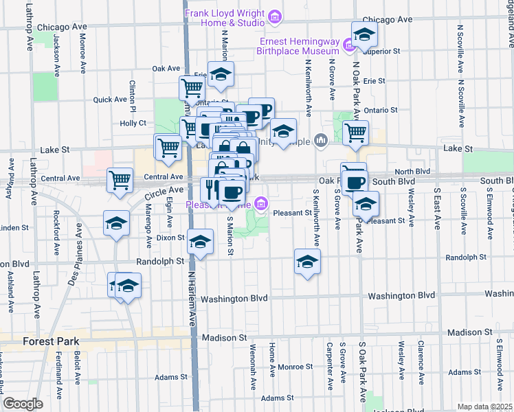 map of restaurants, bars, coffee shops, grocery stores, and more near 1018 Pleasant Street in Oak Park