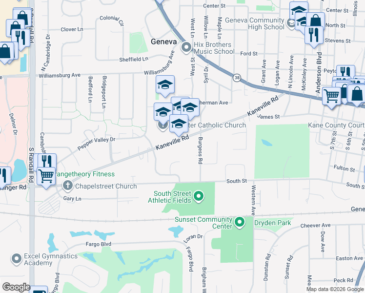 map of restaurants, bars, coffee shops, grocery stores, and more near 1750 Kaneville Road in Geneva