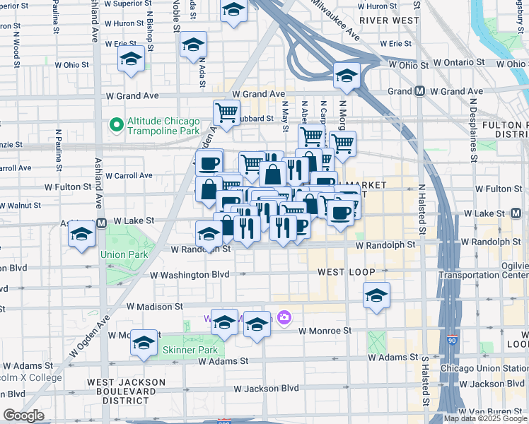 map of restaurants, bars, coffee shops, grocery stores, and more near 210 North Racine Avenue in Chicago