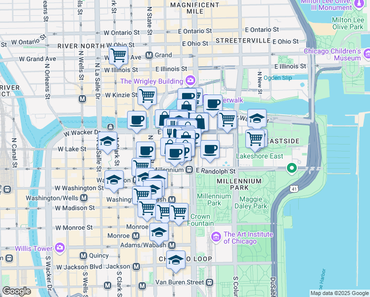 map of restaurants, bars, coffee shops, grocery stores, and more near East Lake Street in Chicago
