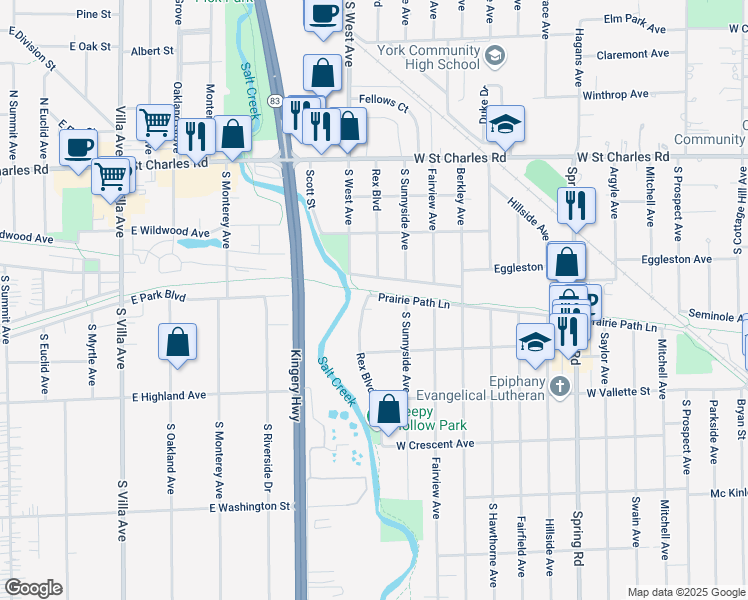 map of restaurants, bars, coffee shops, grocery stores, and more near 483 Rex Boulevard in Elmhurst