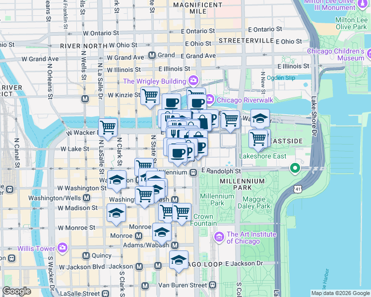 map of restaurants, bars, coffee shops, grocery stores, and more near 200 North Garland Court in Chicago