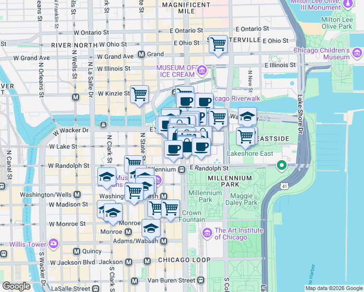 map of restaurants, bars, coffee shops, grocery stores, and more near 99 East Lake Street in Chicago