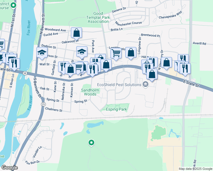 map of restaurants, bars, coffee shops, grocery stores, and more near 15 Simpson Street in Geneva