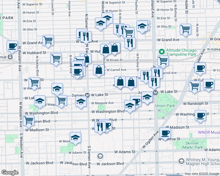 map of restaurants, bars, coffee shops, grocery stores, and more near 1843 West Walnut Street in Chicago