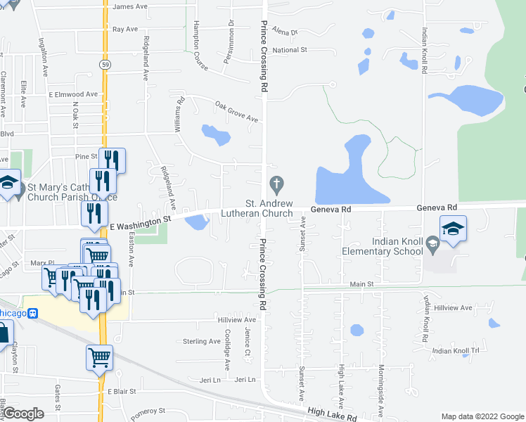 map of restaurants, bars, coffee shops, grocery stores, and more near Prince Crossing Road in West Chicago