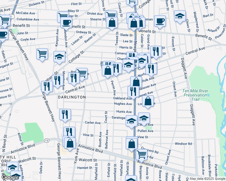 map of restaurants, bars, coffee shops, grocery stores, and more near 32 Wilson Street in Pawtucket