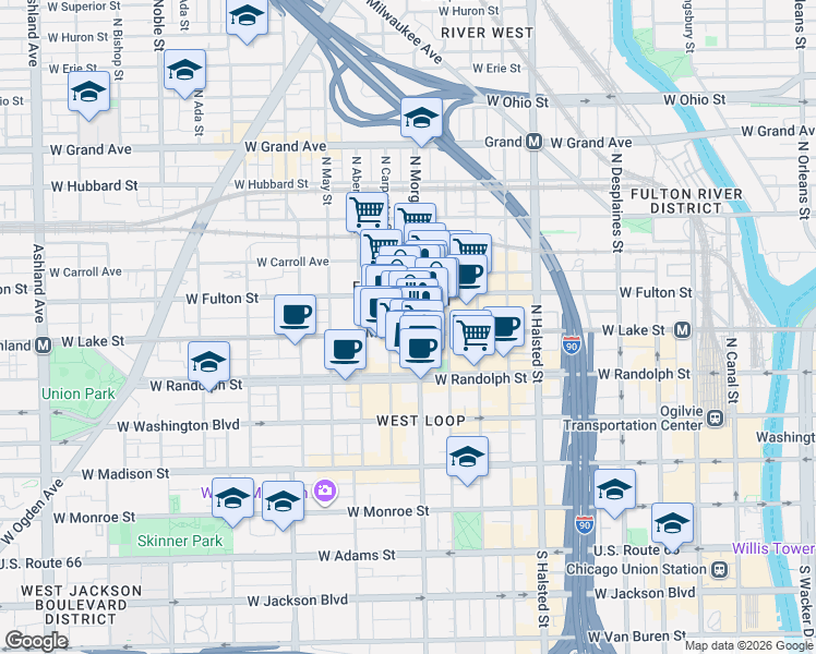 map of restaurants, bars, coffee shops, grocery stores, and more near 1008 West Lake Street in Chicago