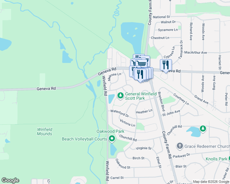 map of restaurants, bars, coffee shops, grocery stores, and more near N660 Essex Lane in Winfield