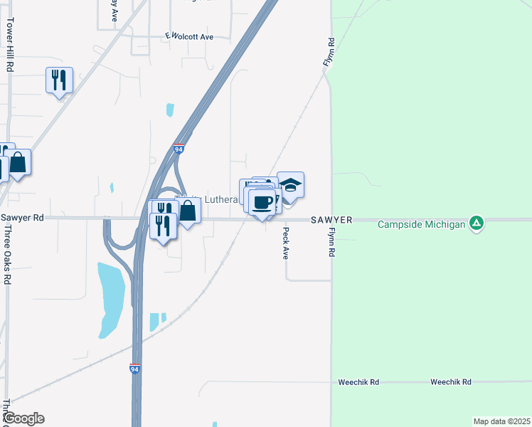 map of restaurants, bars, coffee shops, grocery stores, and more near 5851 Sawyer Road in Sawyer
