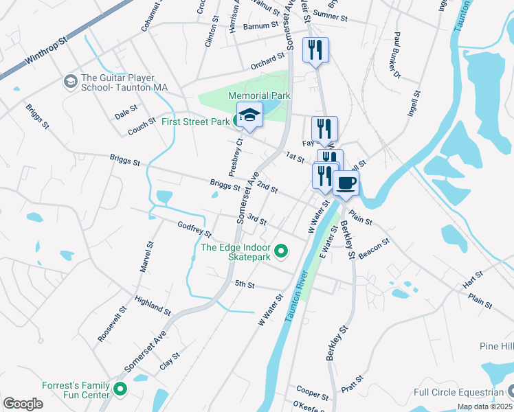 map of restaurants, bars, coffee shops, grocery stores, and more near 9 Charles Street in Taunton