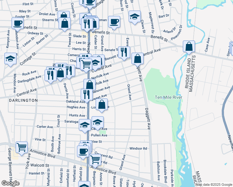 map of restaurants, bars, coffee shops, grocery stores, and more near 118 Sweet Avenue in Pawtucket