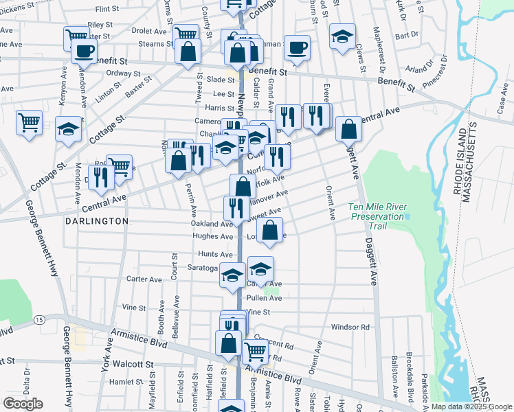 map of restaurants, bars, coffee shops, grocery stores, and more near 14 Hanover Avenue in Pawtucket