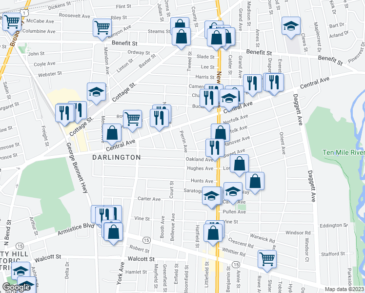 map of restaurants, bars, coffee shops, grocery stores, and more near 32 Wilson Street in Pawtucket