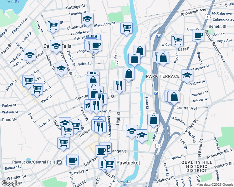 map of restaurants, bars, coffee shops, grocery stores, and more near 27 Cross Street in Central Falls