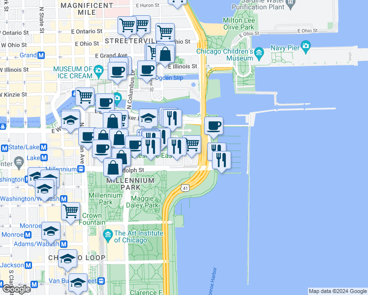 map of restaurants, bars, coffee shops, grocery stores, and more near 195 North Harbor Service Drive in Chicago