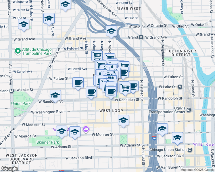 map of restaurants, bars, coffee shops, grocery stores, and more near in Chicago