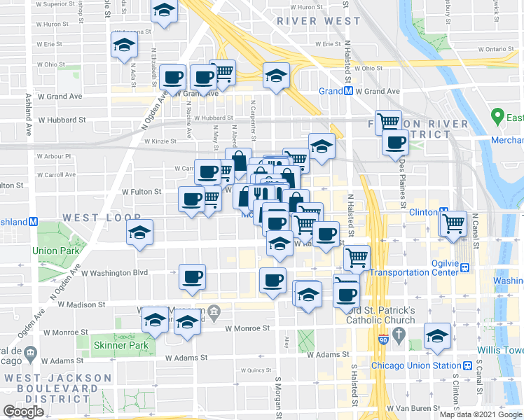 map of restaurants, bars, coffee shops, grocery stores, and more near in Chicago