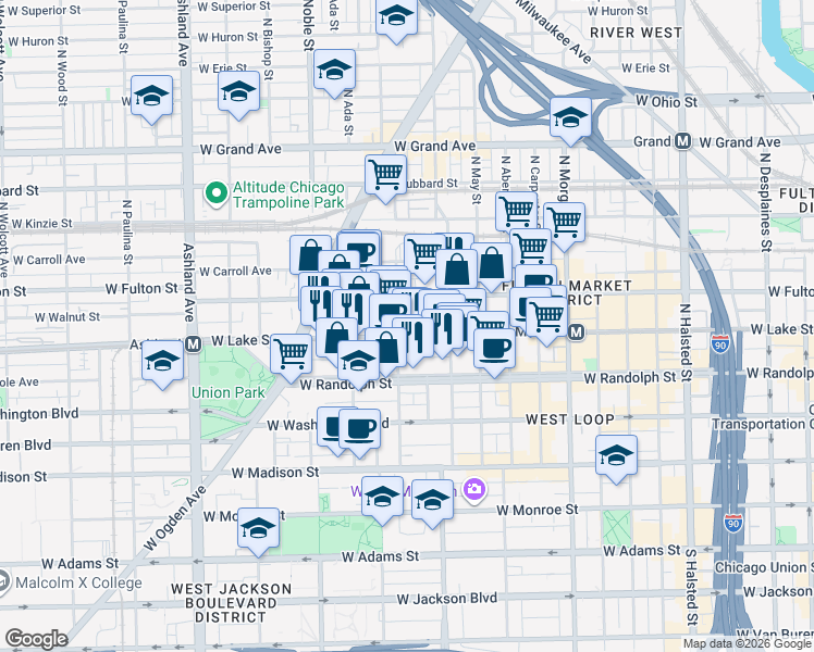 map of restaurants, bars, coffee shops, grocery stores, and more near in Chicago