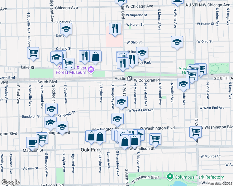 map of restaurants, bars, coffee shops, grocery stores, and more near 320 North Austin Boulevard in Oak Park