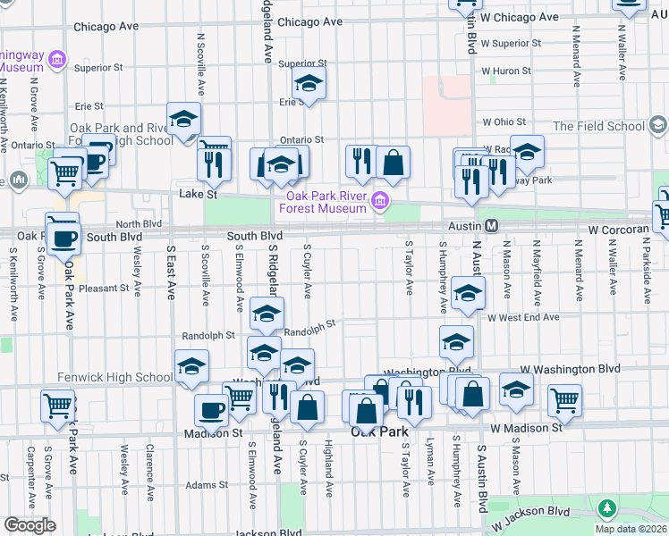 map of restaurants, bars, coffee shops, grocery stores, and more near 131 South Harvey Avenue in Oak Park