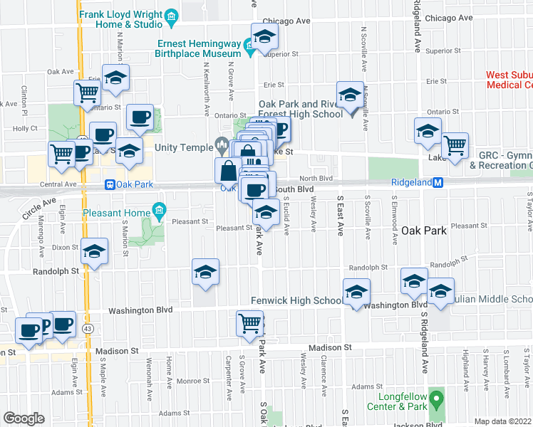 map of restaurants, bars, coffee shops, grocery stores, and more near 117 South Euclid Avenue in Oak Park
