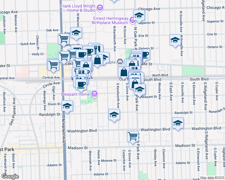 map of restaurants, bars, coffee shops, grocery stores, and more near 120 Clinton Avenue in Oak Park